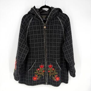 Vtg Icelandic Design Wool Hooded Jacket Womens XL Nordic Fair Isle Scandi Floral